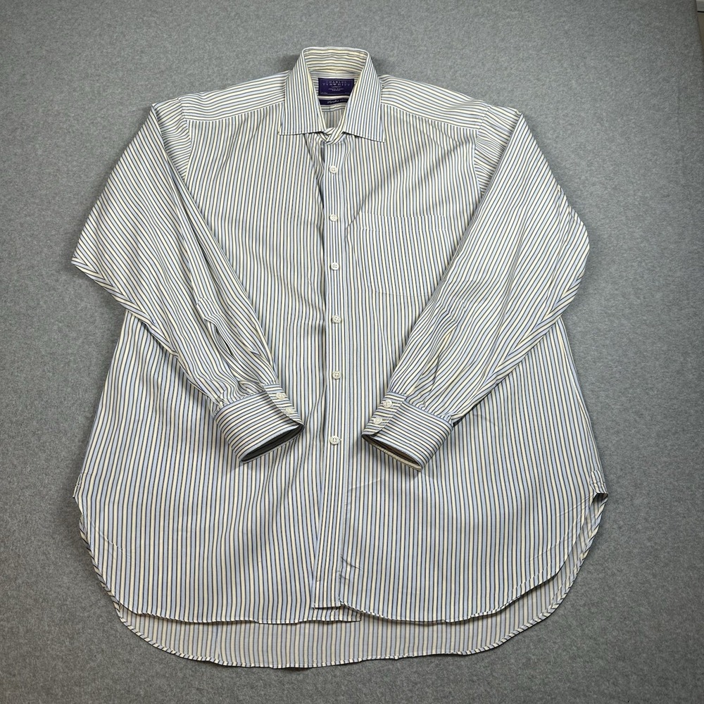 Charles Tyrwhitt 16.5 35 (L) Blue Yellow Stripe Mens Dress Shirt 180s Cotton